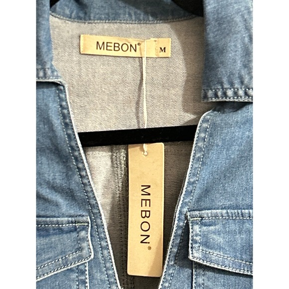 MEBON Denim Utility Jumpsuit Shorts Set Belted Zip Front Short Sleeve Women's M - Picture 3 of 12